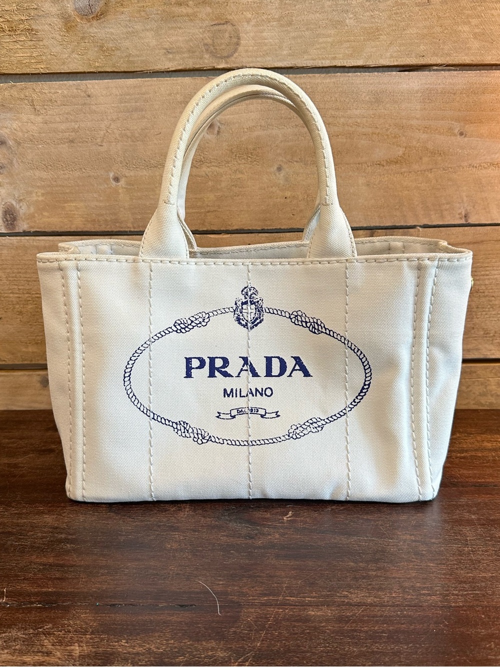 Prada Cream Canvas Tote with Navy Logo